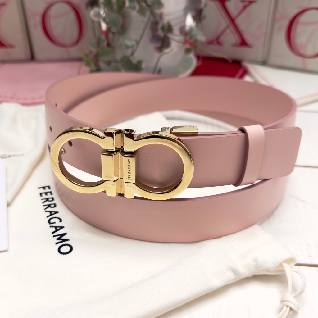Ferragamo Pink Leather Belt Gold Buckle - Cut To Fit Size 75-110cm